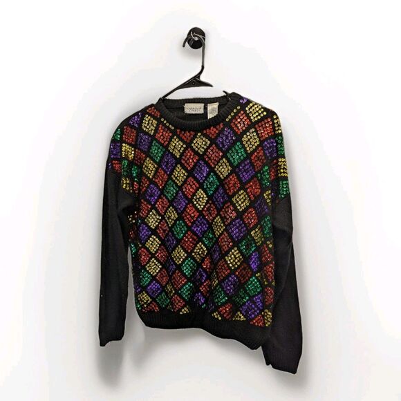 VTG 80s Carriage Court Sweater Women Sz M Black Colorful Sequin Argyle Pullover - Picture 1 of 6